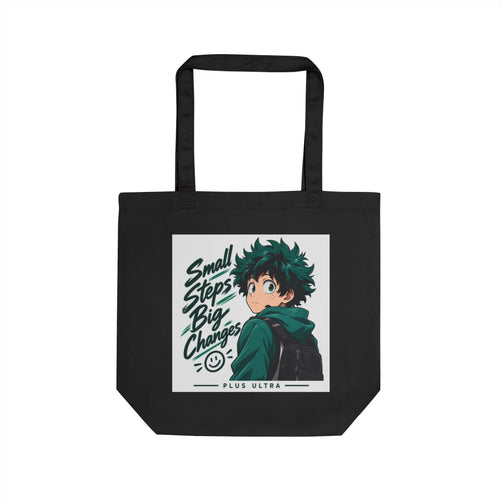 Anime Inspired “Small Steps Big Changes” Eco Tote Bag Design – Motivational Hero Art