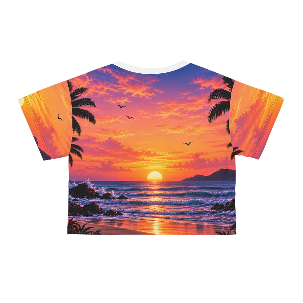 Sunset Beach Crop Tee — Tropical Palm Sunset All-Over Print