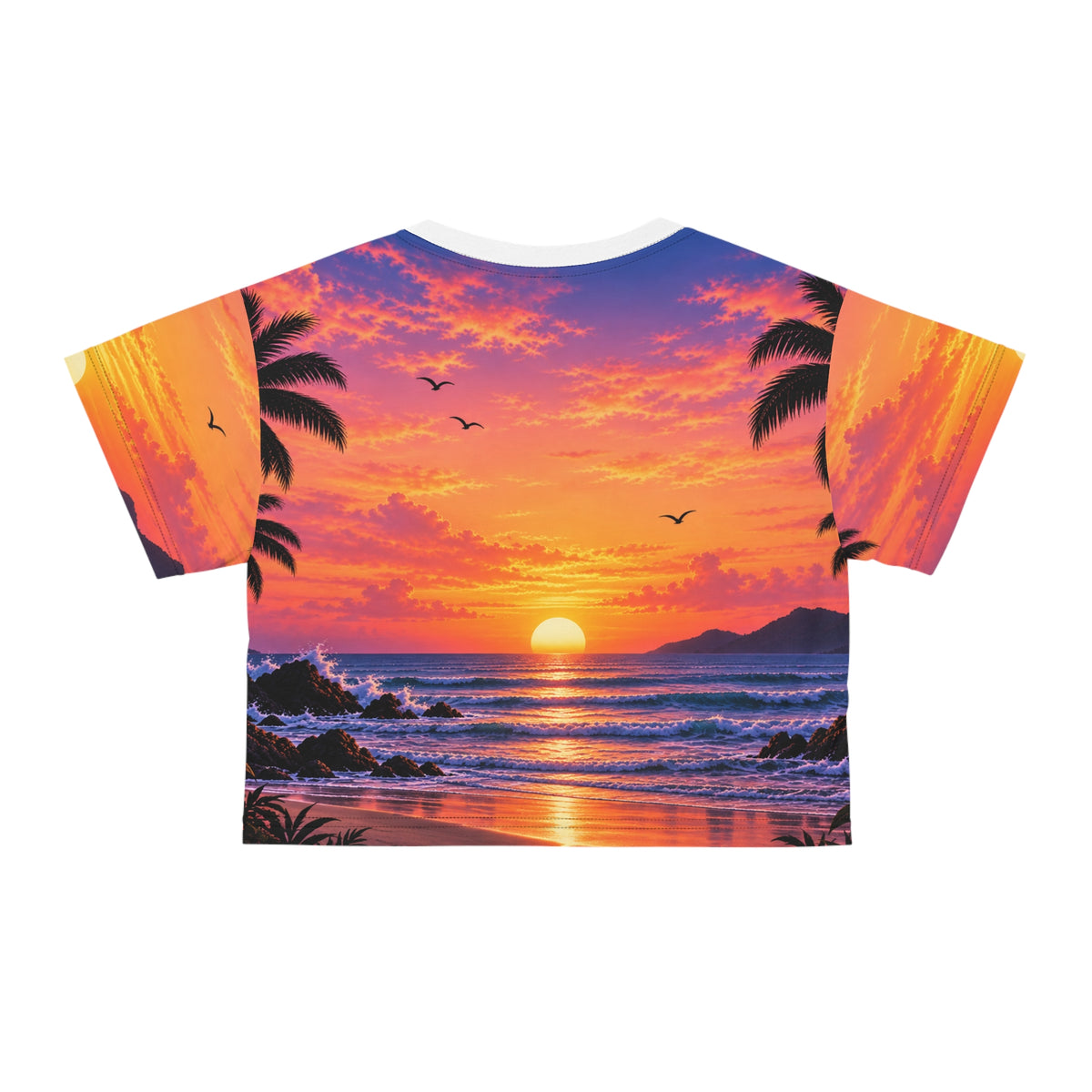 Sunset Beach Crop Tee — Tropical Palm Sunset All-Over Print