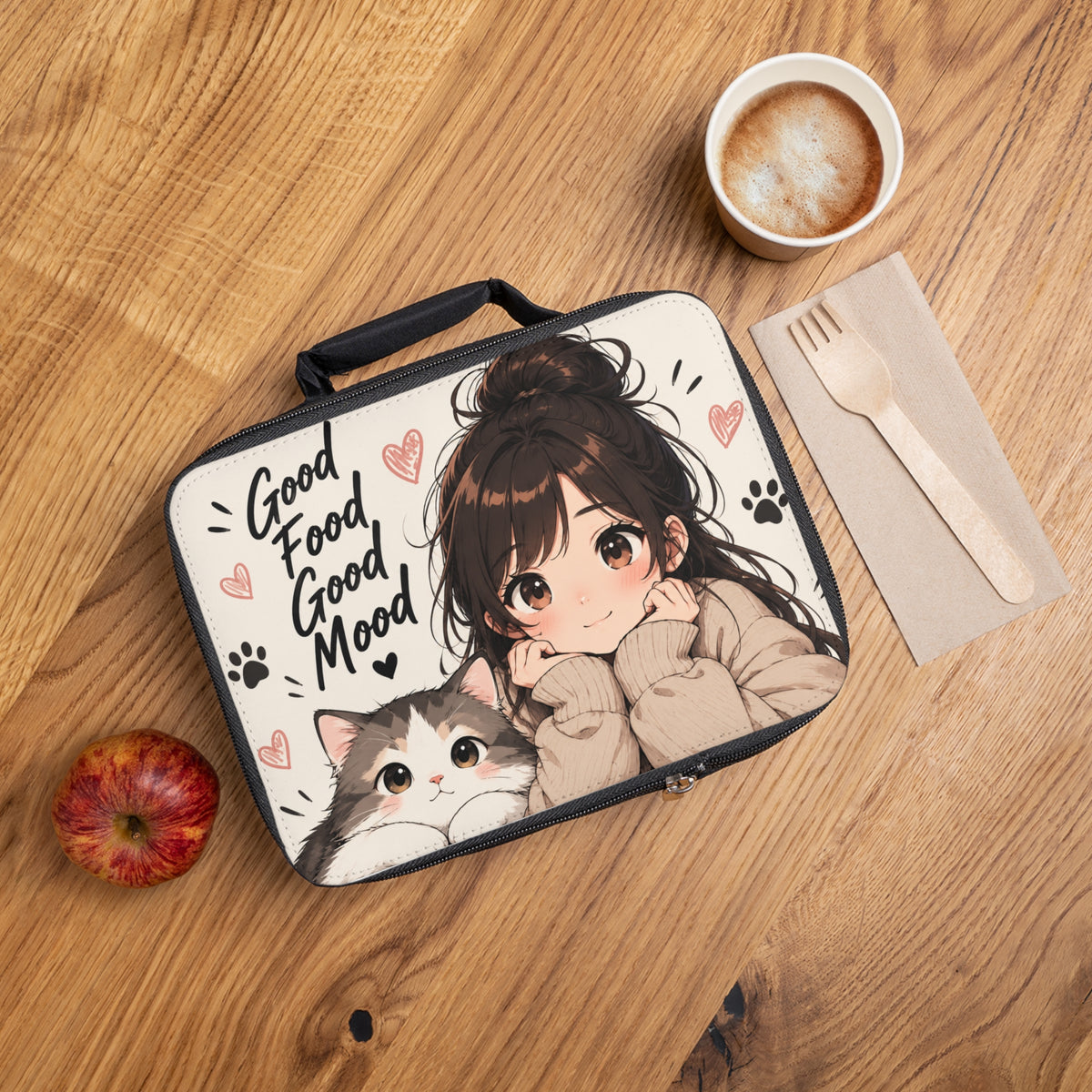 Cute Anime Girl & Cat Lunch Bag — "Good Food, Good Mood" Insulated Bento Tote