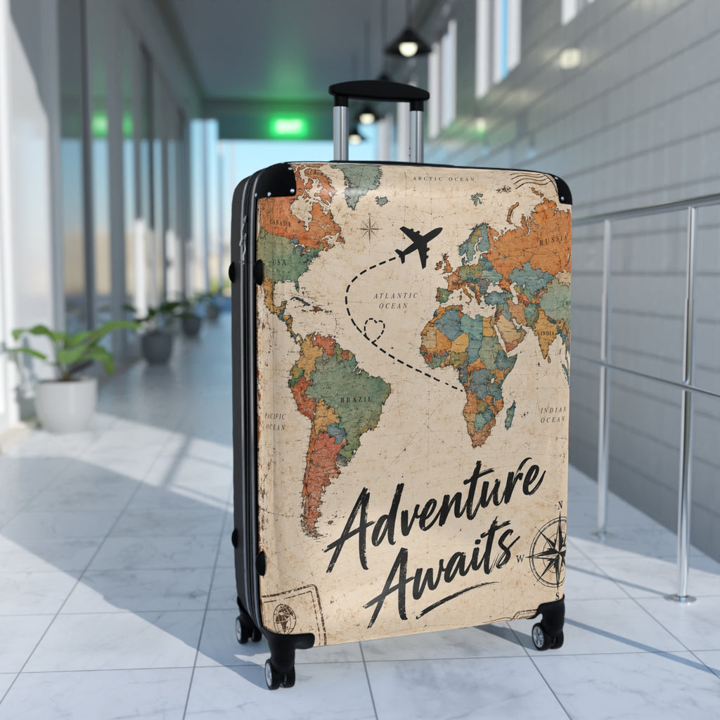 Adventure Awaits World Map Travel Suitcase