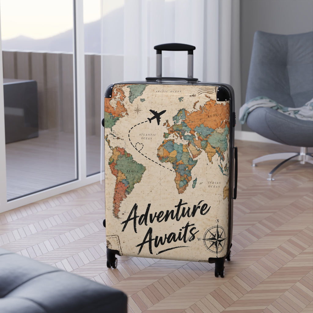 Adventure Awaits World Map Travel Suitcase