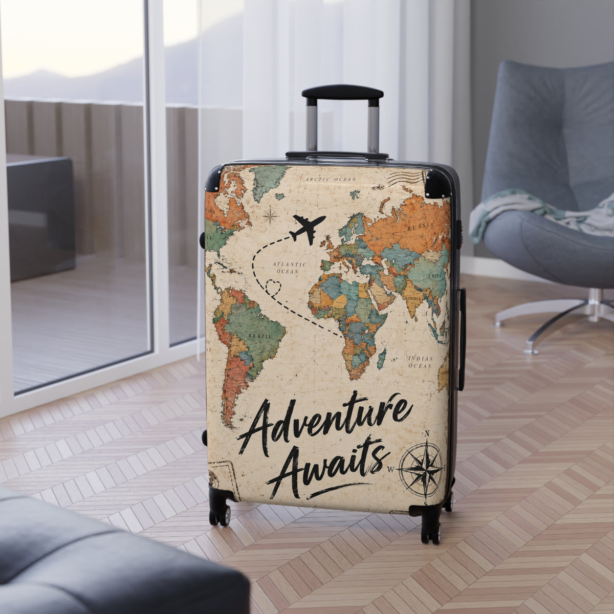 Adventure Awaits World Map Travel Suitcase