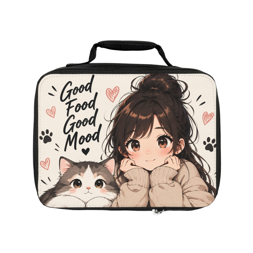 Cute Anime Girl & Cat Lunch Bag — "Good Food, Good Mood" Insulated Bento Tote