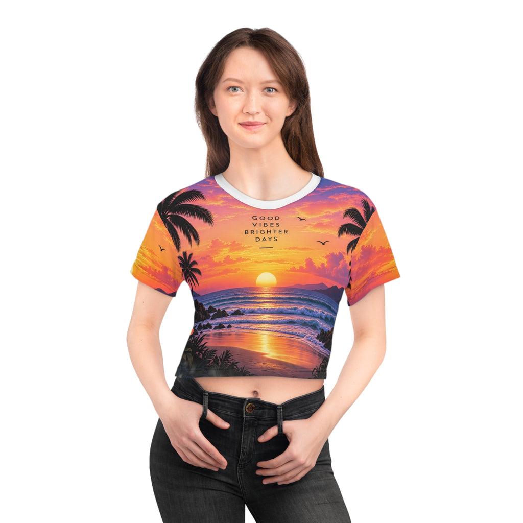 Sunset Beach Crop Tee — Tropical Palm Sunset All-Over Print