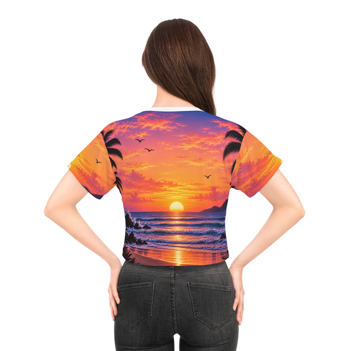 Sunset Beach Crop Tee — Tropical Palm Sunset All-Over Print