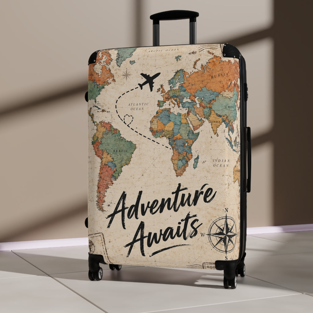 Adventure Awaits World Map Travel Suitcase
