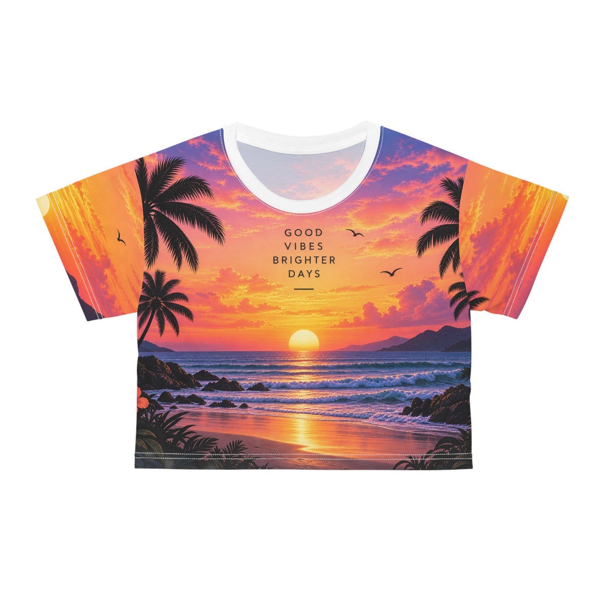 Sunset Beach Crop Tee — Tropical Palm Sunset All-Over Print