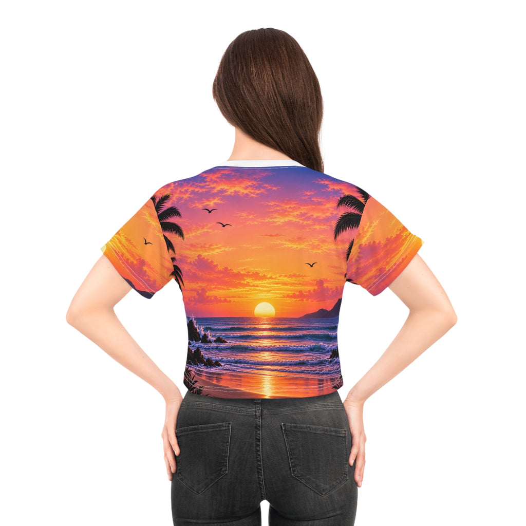 Sunset Beach Crop Tee — Tropical Palm Sunset All-Over Print