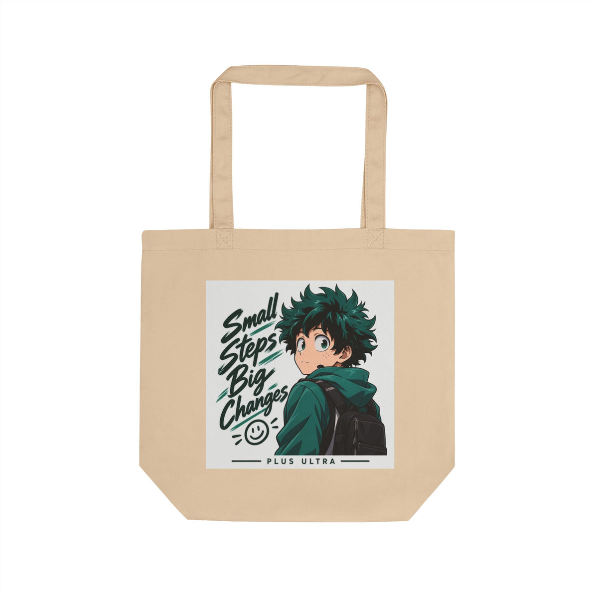 Anime Inspired “Small Steps Big Changes” Eco Tote Bag Design – Motivational Hero Art